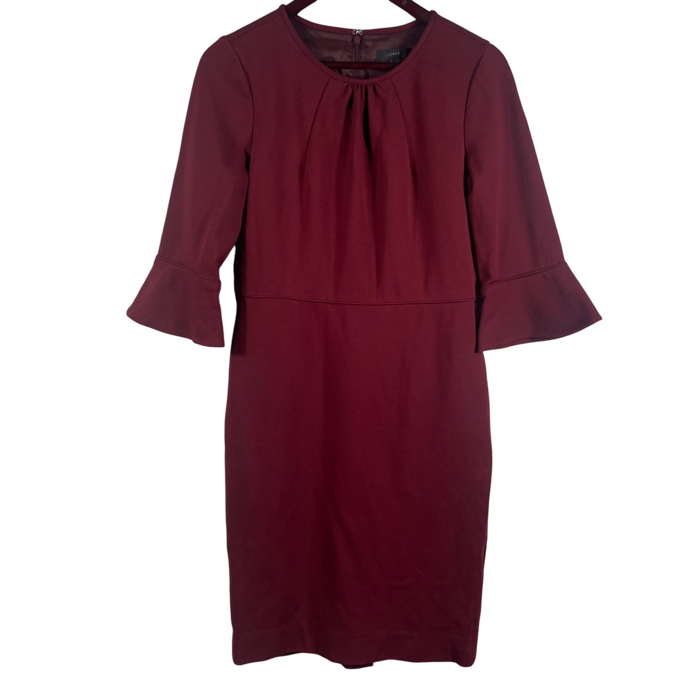 J.Crew Burgundy Bell Sleeve Sheath‎ Dress Size 6 Lined Stretch Work Cocktail - Picture 3 of 13
